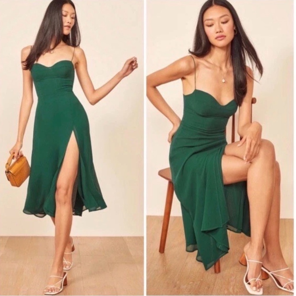 REFORMATION Juliette Emerald Green Spaghetti Strap Midi Dress - Size 6